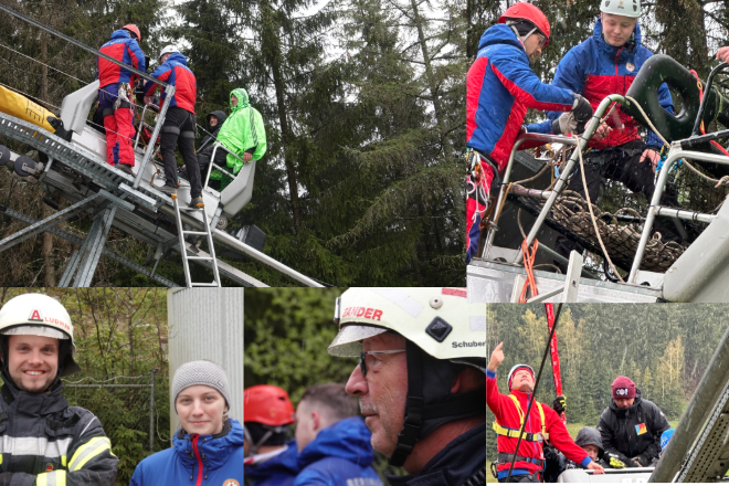 Ausschnitte aus der Übung auf Fotos, zwei Bergwachtler retten Passagiere vom Wieli