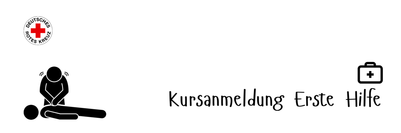 Text Kursanmeldung Erste Hilfe, DRK Rundlogo oben links, Icon Herz-Lungen-Wiederbelebung