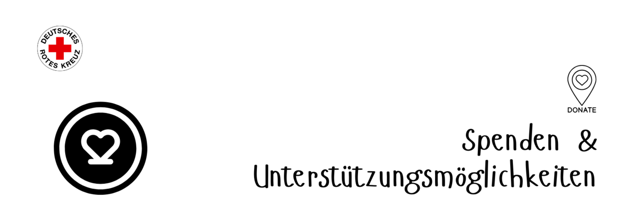 Text: Spenden- und Unterstützungsmöglichkeiten, Kreis-Icon mit Herz in schwarz, DRK Rundlogo oben links, Icon mit Herz