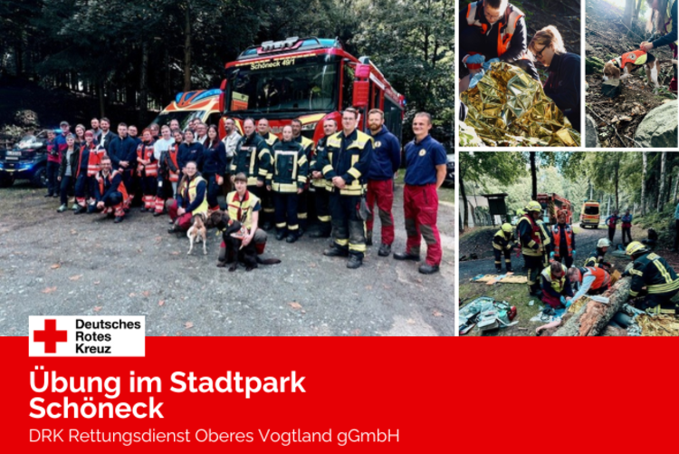 Gruppenfoto nach Abschluss der Übung vor dem Feuerwehrauto und dem Rettungswagen, Suchhund Google, Szenarien der Übung bei der die Azubis am Patienten arbeiten.
