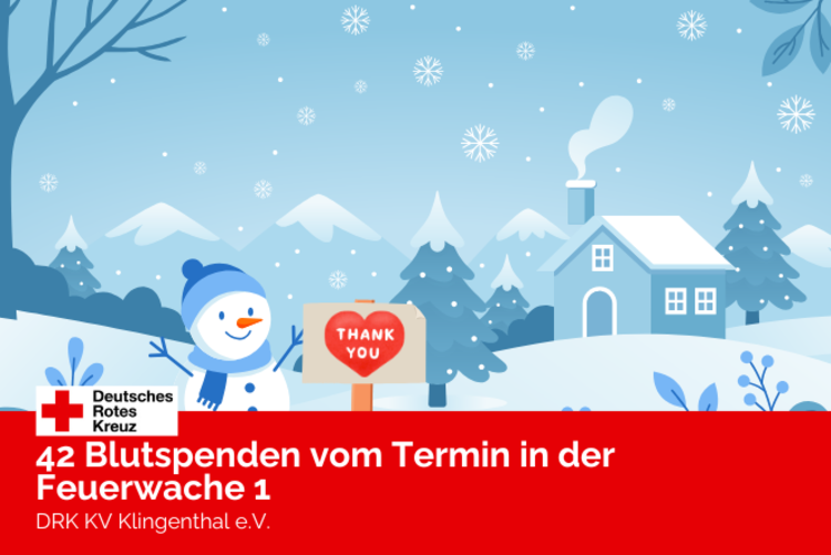 Eine Winterlandschaft in Blautönen mit Wald und Haus. Ganz vorn steht ein Schneemann mit dem Schild: Danke!