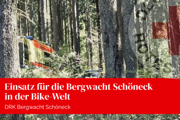 Ein Rettungswagen und ein Notarztfahrzeug stehen in einem Waldweg der Bikewelt in Schöneck.