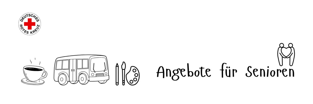 Angebote für Senioren, eine Kaffeetasse, ein Bus und eine Farbpalette mit Pinseln sind abgebildet. Alles als Zeichnung in schwarz. Und das DRK Rundlogo linke oben.