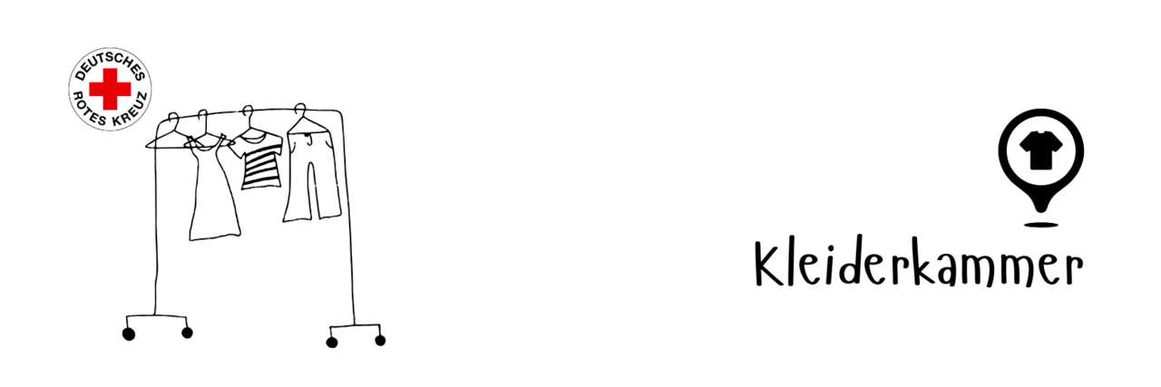 Kleiderkammer, DRK Rundlogo links oben, gezeichneter Kleiderständer mit drei Kleidungsstücken und einem Icon mit T-Shirt