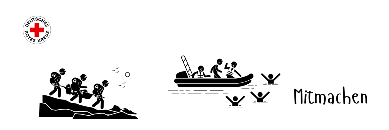Icons als Bergwacht (Helfer tragen einen Verletzten einen Berg hinab) und als Wasserwacht (Helfer im Boot erreichen drei hilflose Personen im Wasser) dazu unser DRK Rundlogo oben links