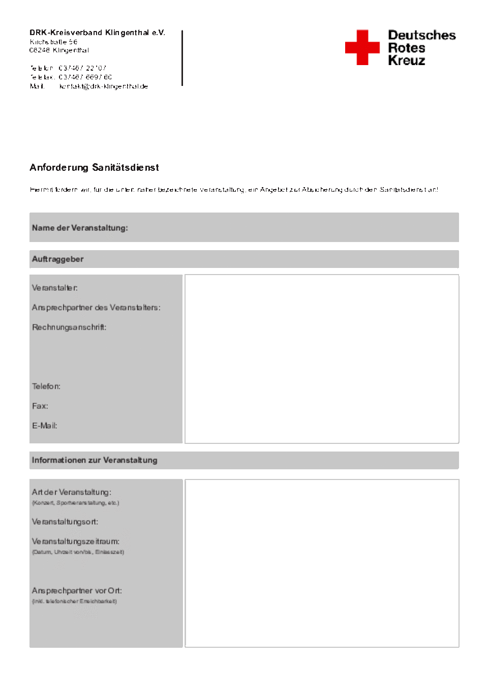 Formular zur Anforderung des Sanitätsdienstes