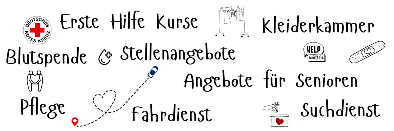 Alle Angebote sind noch einmal genannt: Sozialstation, Fahrdienst, Erste Hilfe, Kleiderkammer, Suchdienst, Seniorenangebote, Blutspende, Stellenangebote
