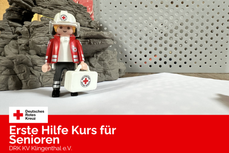 Ein Playmobilmännchen in DRK Uniform hält einen Koffer für Erste Hilfe in der Hand.