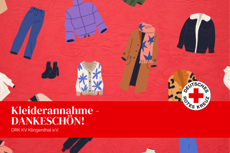 Roter Hintergrund und im Vordergrund, über das ganze Bild verteilt, grafische Kleidungsstücke in den Farben beige, lila, weiß und blau